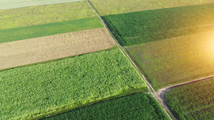 Aerial farmland landscape with various crops