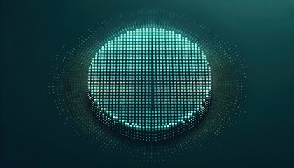 A macro view of flat pixels in minimal rows of luminous mint green dots fading into a large solid dark green background