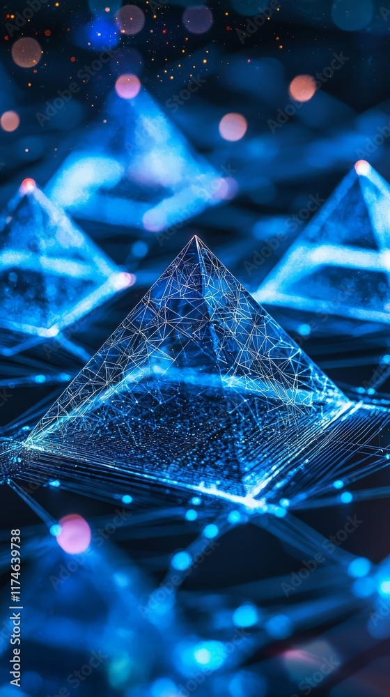 Poster glowing pyramids of data: abstract pyramids of light and data pulse with vibrant blue energy, interc