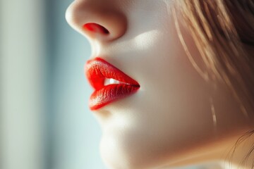 Fototapeta premium Close-up of a woman's face, showcasing bright red lipstick and soft skin. Natural light enhances the beauty of the features.