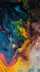 Cosmic Swirls of Color: A mesmerizing abstract art piece featuring swirling, vibrant hues of blue, green, yellow, and orange, resembling a celestial landscape of stars and galaxies.