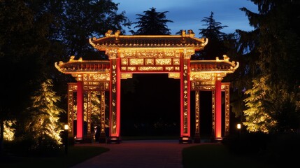 Fototapeta premium Glowing Beauty of a Traditional Gate: Captivating Red and Gold Decor in an Evening Setting