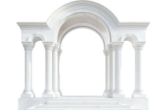 A realistic illustration of an arch with columns and steps, made from white marble, isolated on a white background