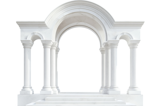 A realistic illustration of an arch with columns and steps, made from white marble, isolated on a white background