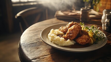 Fried Chicken Dinner Served With Mashed Potatoes And Gravy