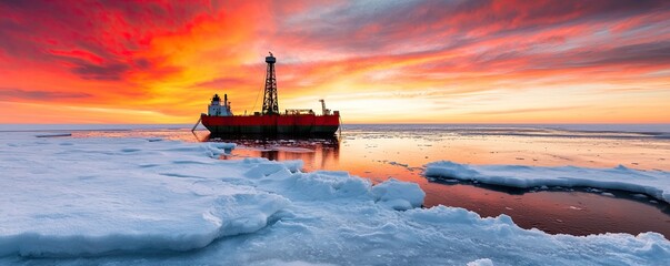 Naklejka premium A vibrant sunset over icy waters with a research vessel navigating through floating ice, showcasing the beauty of polar exploration.