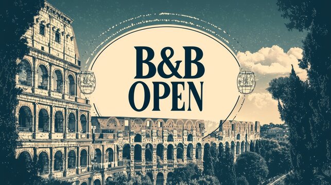 B&B Open in Rome: A striking image that combines the ancient grandeur of the Colosseum with the welcoming message of "B&B Open" in a travel advertisement.