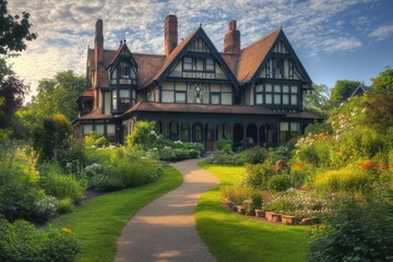 Fototapeta premium A grand Victorian mansion with elegant rooflines, tall windows, and a picturesque garden pathway
