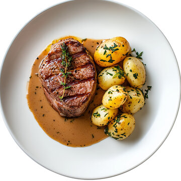 plate of veal leg, grenaille potatoes, pepper sauce on white background