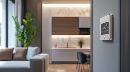 Smart Home Automation Interface: A sleek, modern interface controls the ambiance of a stylish living space. The focus is on the cutting-edge tech, blending seamlessly with the room's aesthetic.