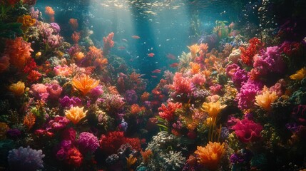 Naklejka premium Vibrant coral reef teeming with diverse colorful corals and fish, illuminated by sunbeams penetrating the water.