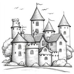 Obraz premium Fairytale Castle Illustration Enchanting Medieval Fortress Drawing