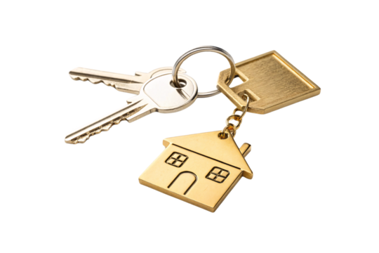 A close-up of keys with a golden house keychain, offering a minimalist and polished representation of home and property, isolated on a transparent background
