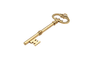 A golden vintage key with intricate detailing, ornate bow, and grooved shaft. Radiating an antique charm, isolated on a transparent background