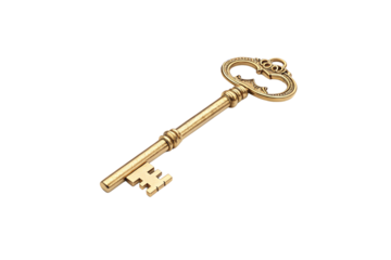 A golden vintage key with intricate detailing, ornate bow, and grooved shaft. Radiating an antique charm, isolated on a transparent background