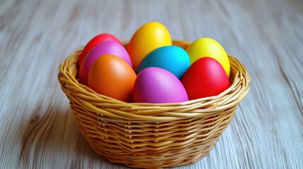 easter, holidays and tradition concept - close up of colored eggs in wicker basket on grey wooden boards background
