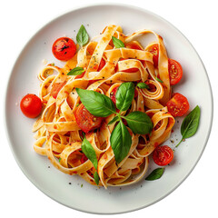 plate of tagliatelle ail tomates cerises on white background