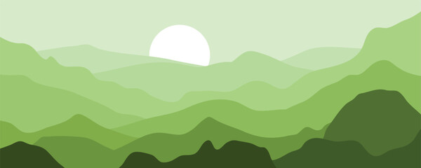 Minimalist Green Mountains Landscape with Sunrise. Featuring layered hills, ideal for backgrounds, banners, web design and modern decoration.