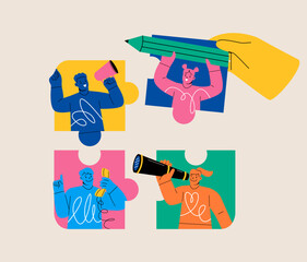 Hand assembling puzzle of diverse people. Concept diversity inclusion and creating cohesive. Colorful vector illustration
