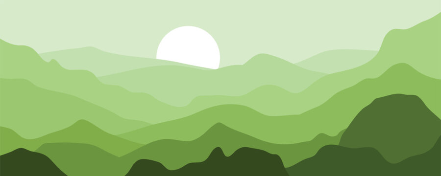 Fototapeta Minimalist Green Mountains Landscape with Sunrise. Featuring layered hills, ideal for backgrounds, banners, web design and modern decoration.