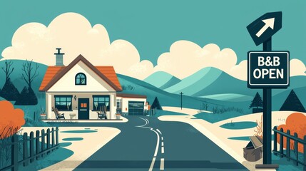"B&B Open: Charming Illustration of a Bed and Breakfast Inviting Travelers with a roadside sign.