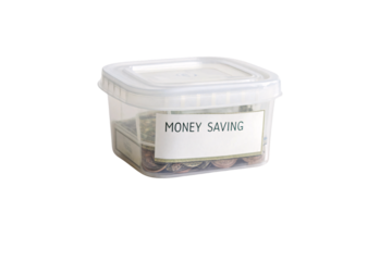 A transparent plastic container labeled MONEY SAVING filled with coins and bills, representing budgeting and financial planning, isolated on a transparent background