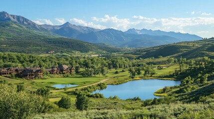 Mountainous Landscape with a Golf Course and a Pond
