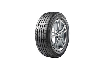 A view of a single car tire and rim, emphasizing durable material and an elegant, streamlined design for everyday vehicles, isolated on a transparent background