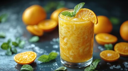 Refreshing orange smoothie in a glass, garnished with mint and orange slices, surrounded by fresh oranges.