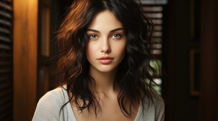 Fototapeta premium Portrait of a Young Woman with Wavy Dark Hair