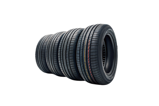 Four tires aligned in a diagonal row, revealing their sidewalls and multi-groove tread designs. Subtle color lines on one add visual interest, isolated on a transparent background