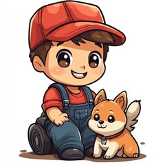Fototapeta premium Adorable Cartoon Boy with His Puppy Friend