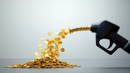 Natural gas fuel demand concept. A fuel nozzle pouring coins, symbolizing the connection between fuel and wealth, illustrating economic themes related to energy and finance.