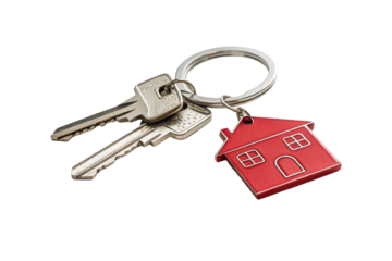 Two silver keys on a ring attached to a red house keychain, emphasizing a modern and minimalist home symbol, isolated on a transparent background