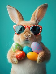 An easter bunny rabbit wearing sunnies, shades, sunglasses holding colourful easter eggs against a turquoise isolated background with room for text.