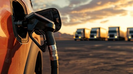 Natural gas fuel demand concept. A close-up of a fuel nozzle filling an orange vehicle, with trucks parked in the background under a sunset sky.