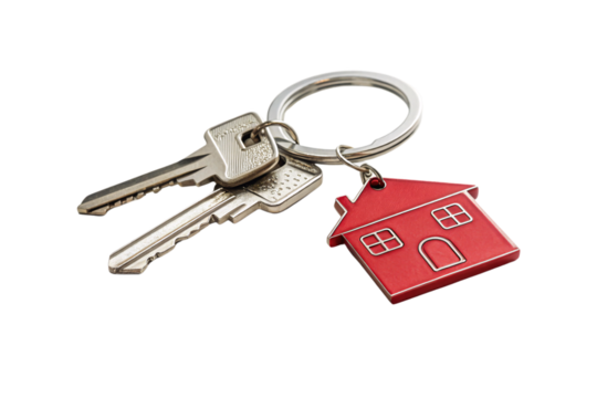 Two silver keys on a ring attached to a red house keychain, emphasizing a modern and minimalist home symbol, isolated on a transparent background