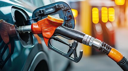 A fuel nozzle is inserted into a car's gas tank at a fueling station, illustrating the process of refueling a vehicle.