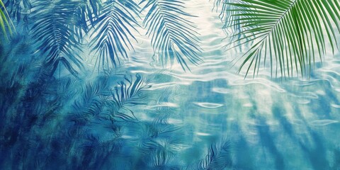 Tropical paradise, turquoise water, palm fronds silhouette, pastel pink and blue hues, dreamy ethereal atmosphere, soft focus, tranquil ocean scene, beach vacation vibes, serene coastal landscape, gen