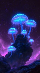 Fototapeta premium glowing neon-blue mushrooms on the ground, purple background, black light effect