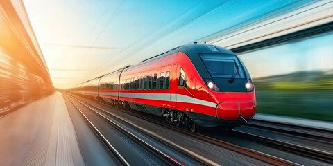 Naklejka premium A sleek red train speeds along tracks under a bright sky, showcasing modern transportation and the thrill of travel.
