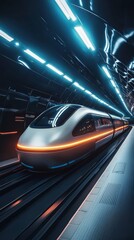 High-Speed Rail in Futuristic Tunnel: A sleek, modern high-speed train glides through a futuristic,...