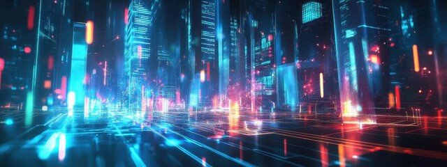 Futuristic cityscape, neon lights, reflective wet streets, cyberpunk atmosphere, urban night scene, glowing skyscrapers, pink and blue color palette, dystopian metropolis, puddles reflecting neon, hig