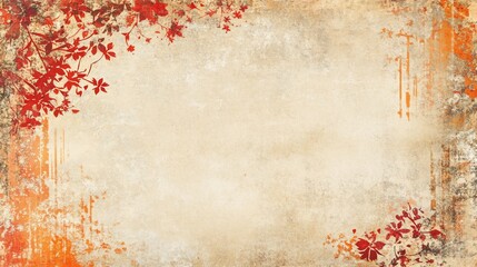 Autumnal, textured, aged, paper, background with red leaf border.