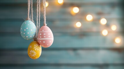 Decorative easter eggs hanging on thin rope, card with wishes in portuguese, light planks in the background/Have a peaceful easter!/Happy Easter