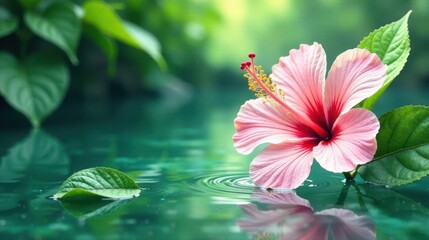 Serene Pink Hibiscus Flower Floating Gently on a Still Green Pond, Its Delicate Petals Reflecting in the Tranquil Water