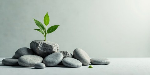 Fototapeta premium Serene Stillness A Small Sprout Emerging from Grey Stones, Representing Growth and Tranquility