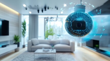 Smart Home Security: A futuristic security camera, depicted as a glowing orb, floats in the center of a modern living room, symbolizing advanced home security and peace of mind. 