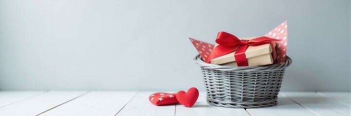 Beige gift box with red bow in gray woven basket, a polka dot fabric lining and two red heart-shaped cushions, love and gifts concept