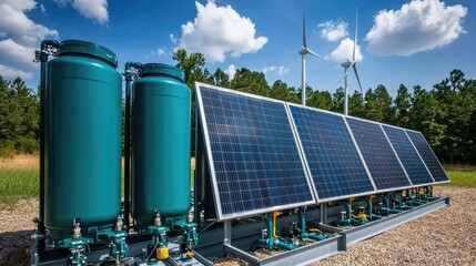 Natural gas fuel concept. A modern renewable energy setup featuring solar panels and wind turbines, promoting sustainability and clean energy solutions.